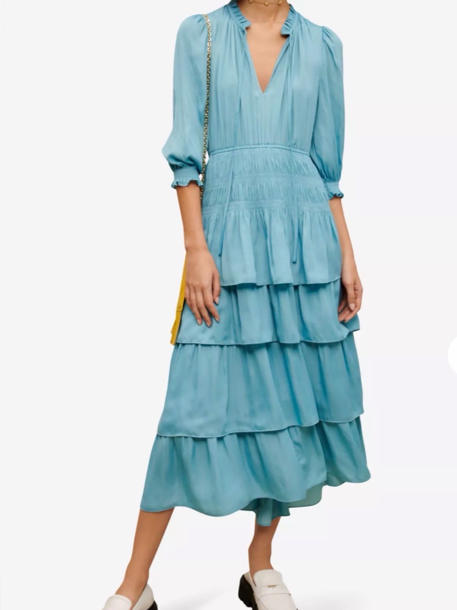 Maje Light Blue Tiered V-Neck Midi Dress